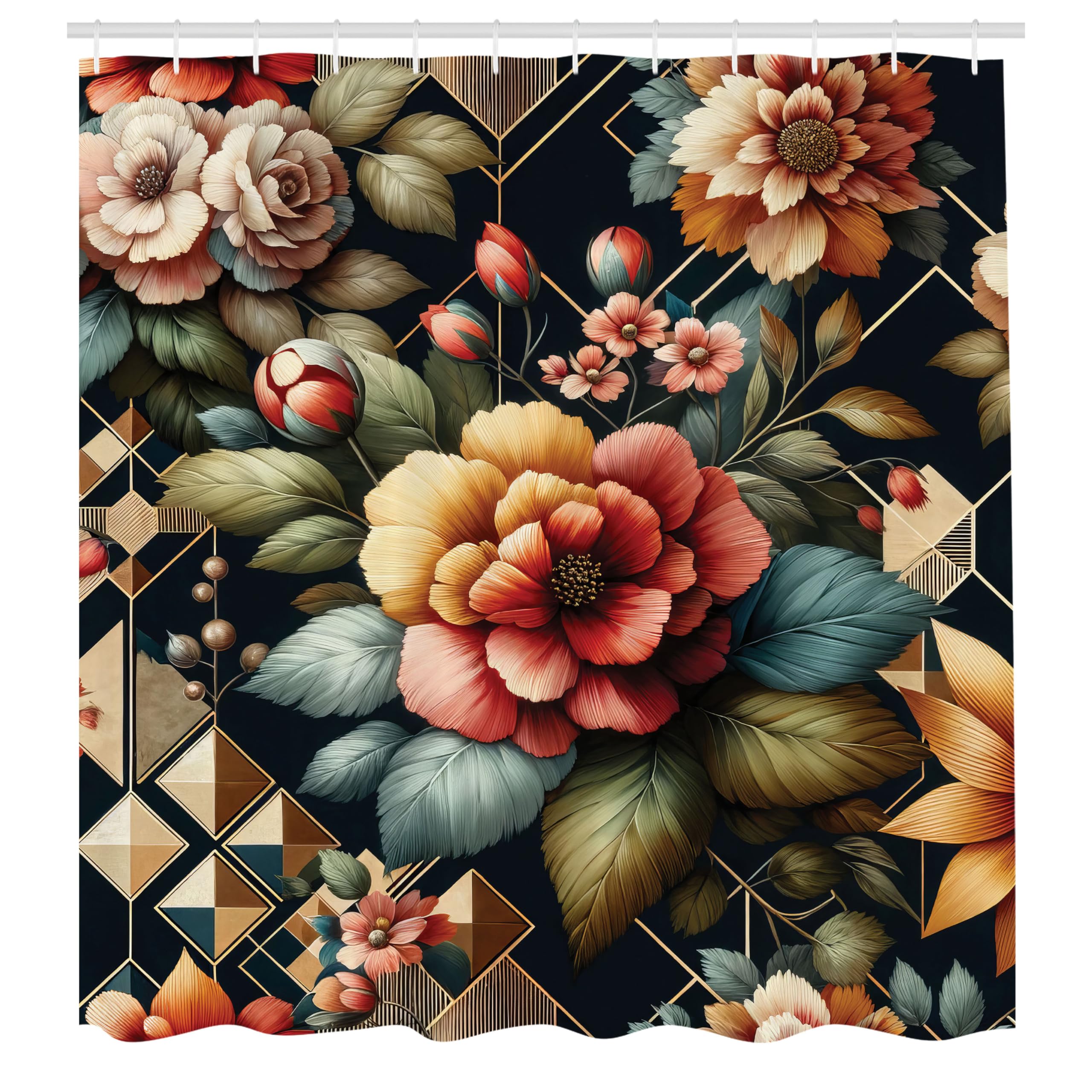 Ambesonne Floral Shower Curtain, Leafy Atmosphere Garden Scene With Blooming Roses And Futurist Lines, Cloth Fabric Bathroom Dec